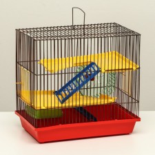 A cage for rodents with plastic shelves and filling, 36 x 23 x 34 cm, red