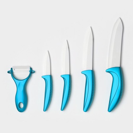 Kitchen kit on the stand “bend”, 5 items: 4 knife, 7.5 cm, 10 cm, 13 cm, 15 cm, vegetable facial, blue color-2