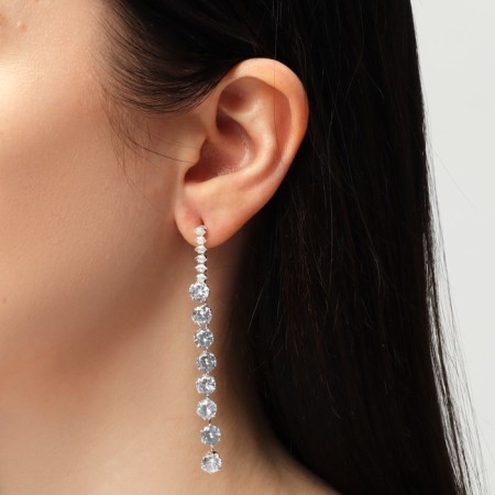 Hanging earrings with rhinestones “path” of circles, white color in silver, 7.5 cm-2