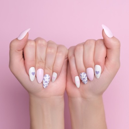 Follow nails, 24 pcs, with adhesive plates, almond shape, white/pink/lilac color-10