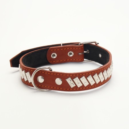 Leather collar on felt decorated, 65 x 3.5 cm, Osh 50-60 cm, brown-1