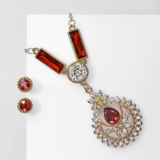 Set 2 objects: earrings, pendant “dew” flower, red-white color in gold, 48 cm