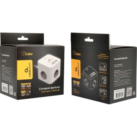 Network filter Cablexpert Cube Cube-3-CU3-W-1.5, 3P, 10A, 1XTYPE-C PD, 3XUSB, 1.5m, Ur. 4+ 1030904-4