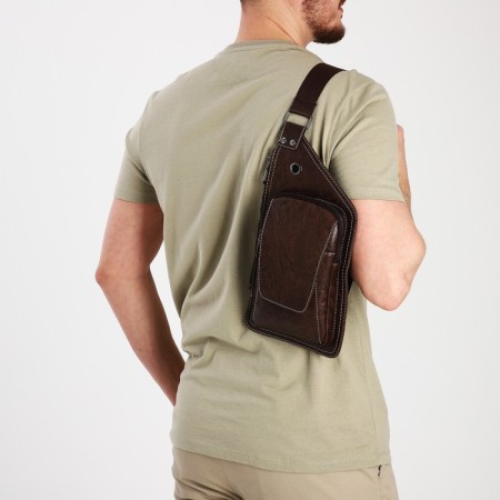 Male sling bag made of artificial leather, dark brown color