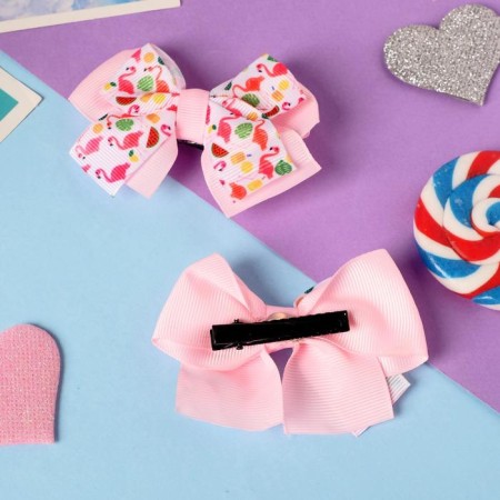 Hair clip "Bow Claire" (set 2 pcs) flamingos, 4.5 cm, pink-1
