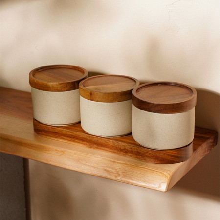 A set of ceramic cans for bulk products on the SL Home Stone Forest stand, 4 items: 3 banks 220 ml, stand-2