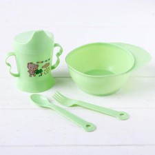 A set of children's dishes, 4 items: bowl, spoon, fork, chip with solid nose 200 ml, MIX color