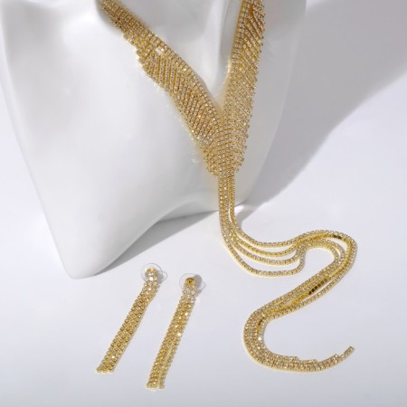 Set 2 objects: earrings, necklace "ice" path with a ladder, white color in gold, 39 cm