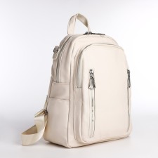 Women's backpack made of artificial leather with zipper, 6 outer pockets, milk color