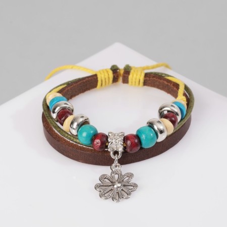 Bracelet Leather "Flower" with beads, 3 threads, colored, d = 5 cm-1