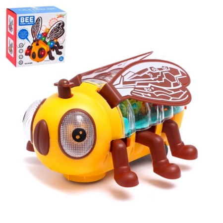 The bee "gears", light and sound, works from batteries, yellow color