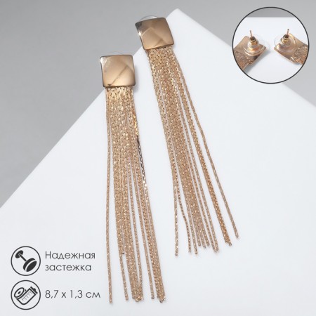 Hanging earrings "Hollywood" Square with threads, color pink gold, 8.7 cm