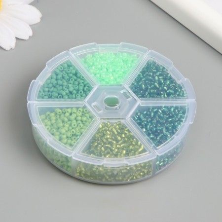 Glass 8/0 (3 mm) in the box "Green" 6 colors x 10 g 8x8x2 cm-2
