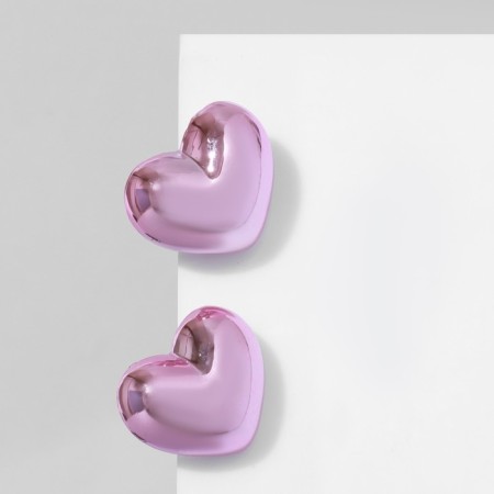 Earrings Metal "Heart" Puffy, Pink Color-1