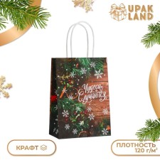 Новый год. Пакет бумажный подарочный новогодний крафт "Чудеса" 15 х 21 х 8 см.