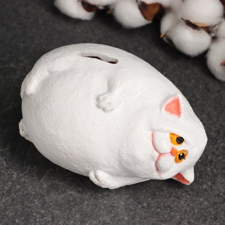 Piggy bank "Cat fat man on the side" White, 8x14x10cm-1