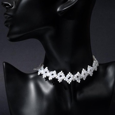 Choker "Pearl" embroidery, white color in silver, 30 cm