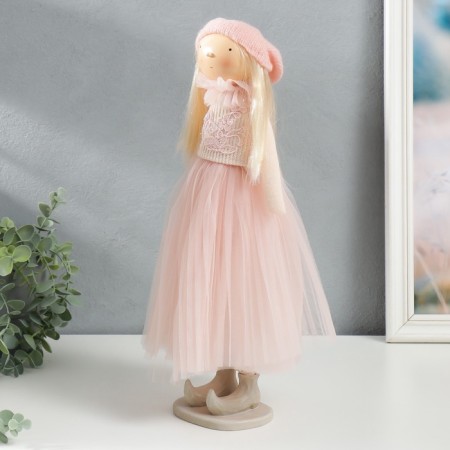 Interior doll "Baby in pink, with a flower, with long hair" 41.5x14.5x16 cm-5