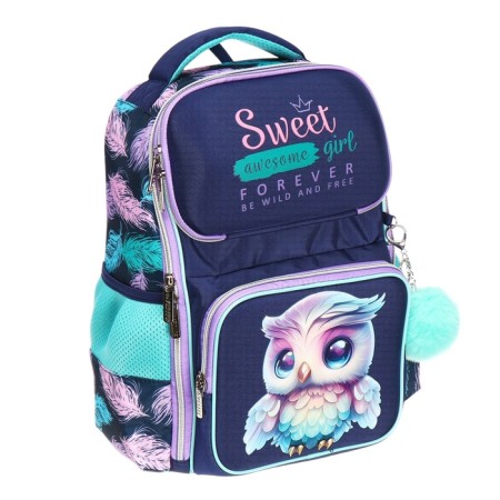 School backpack 37x28x14, ergonomic back, Devente Smart 14l, Happy Owl, for girls, turquoise/purple-1