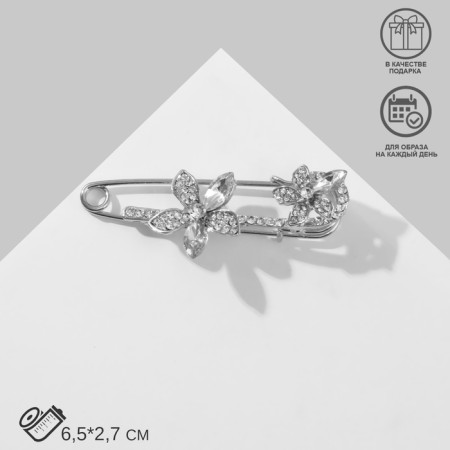 Pin "Flowers" duet, 6.5 cm, white color in silver-2