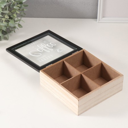 Casket wood 4 divisions "Morning begins with coffee" 18.2x18.2x7.2 cm-2