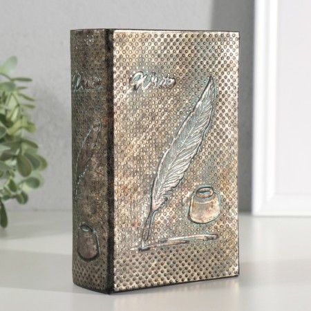 Broke-book wood, leatherette "feather and inkwell" embossing, under metal 16.5x11.2x5 cm