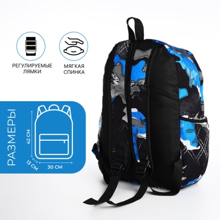 Youth backpack from textiles, 3 pockets, blue color-1