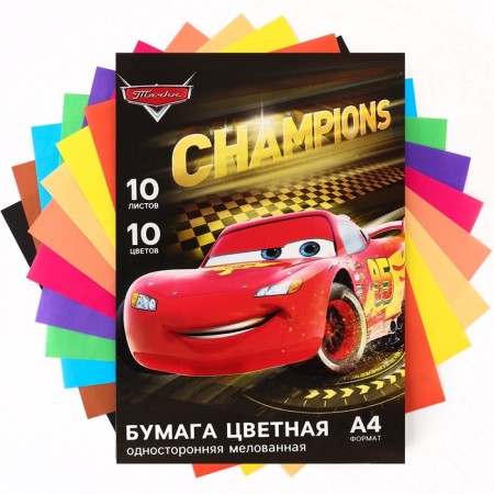 Color paper, A4, 10 sheets, 10 colors, coated, one -sided, in the folder, 80 g/m², cars-3