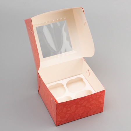 Box for 4 cupcake with a window, "Happy holiday 8", 16 x 16 x 10 cm, confectionery packaging-3