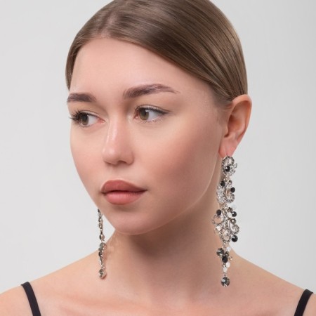 Hanging earrings with rhinestones "evening" magic, black and white color in gray metal, 10.5 cm-2