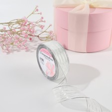 The ribbon is nylon, with lurex, 25 mm × 9.1 ± 0.5 m, white/silver color