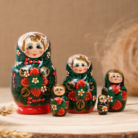 Matryoshka "Khokhloma", black scarf, red dress, 5 puppet, 10 cm