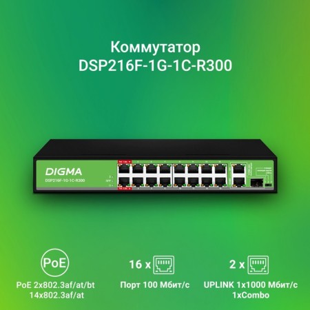 DIGMA DSP216F-1G-1C-R300 (L2) 16x100Mbit/s 1x1gbit/1xcomb (1000base-T/SFP) 16p 107751-1