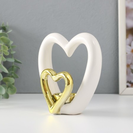 Ceramics candlestick for 1 candle "heart" white with gold 12.7x5.5x12.2 cm-2