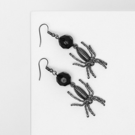 Earrings "Spiders" with bead, black-gray color in silver-2