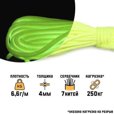 Paracord glowing in the dark "Master K." 4 mm, 10 m, yellow