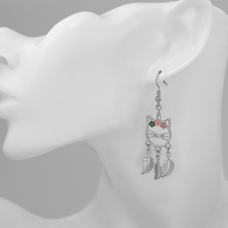 Emall earrings "cat" with leaves, colored in silver-2