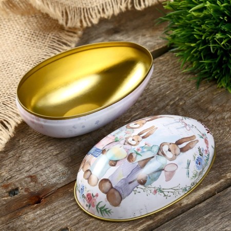 Casket Metal Egg "Family Rabbits" 11x6.5x7 cm-2