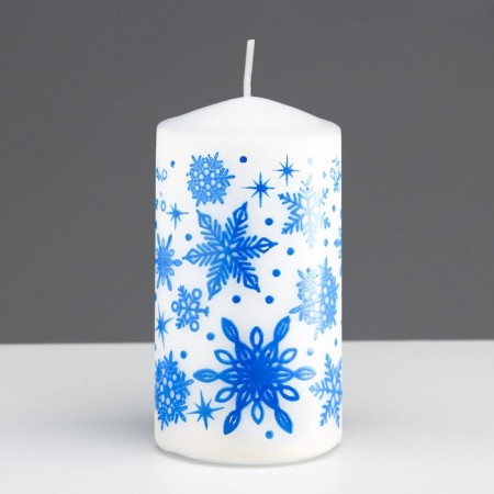Candle - New Year's "Snowflakes" cylinder, 5x10 cm, white with blue-3