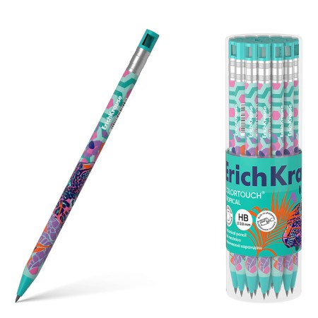 Mechanical pencil 2.0 mm Erichkrause "Colortouch Tropical" HB, with a sharpener, hexagonal housing Soft-Touch, Tubus, Mix
