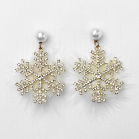 New Year! Earrings "New Year" fluffy snowflake, white color in gold-1