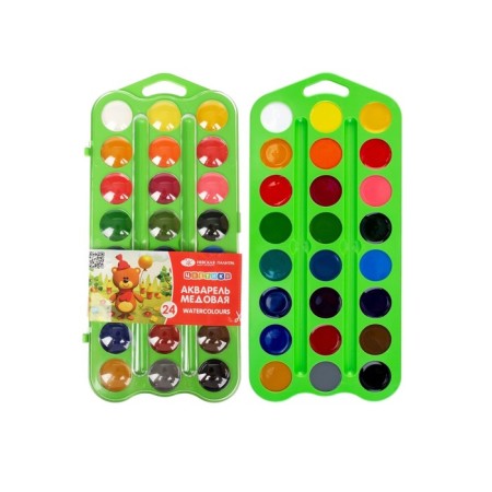 Watercolor honey 24 colors, ZHK "Flower", without a brush, a green plastic case, 27421677