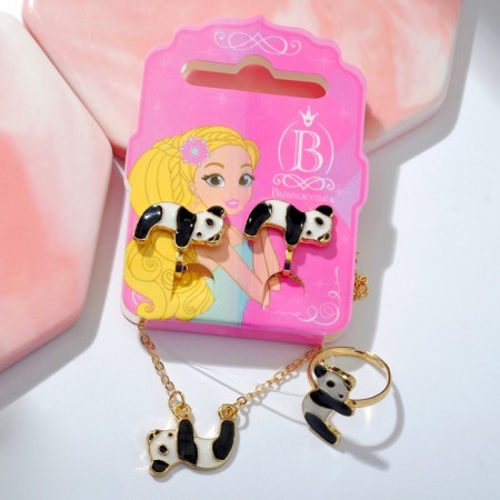 Set "Chosulka" 3 subjects: clips, pendant, ring, pandas, black and white color in gold-2