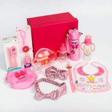 Gift set “Princess” 13 in 1: A bottle of 2 pcs., Bibrary, Nibbler, a container for a dummy, a dummy holder 2 pcs., A set of combs, a thermal drum, a reusable diaper, a set of dishes, a set of dishes: a plate, a spoon