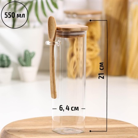 Glass Bank for bulk products with a bamboo cover and a spoon "Eco", 550 ml, 9.5 × 22.5 cm-4