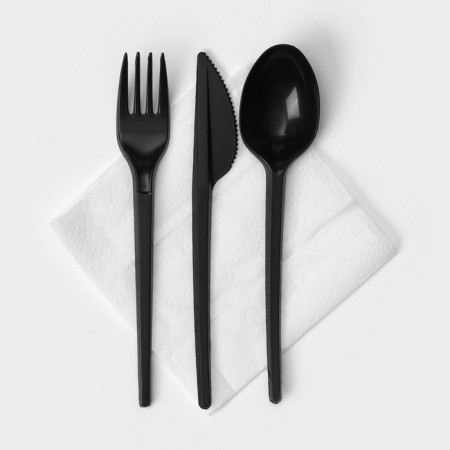 A set of plastic disposable cutlery, 4 objects: fork, tablespoon, knife, white napkin, 16.5 cm, black color