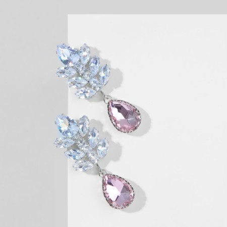 Earrings with rhinestones "Eden" bunch with a drop, white-pink color in silver-1