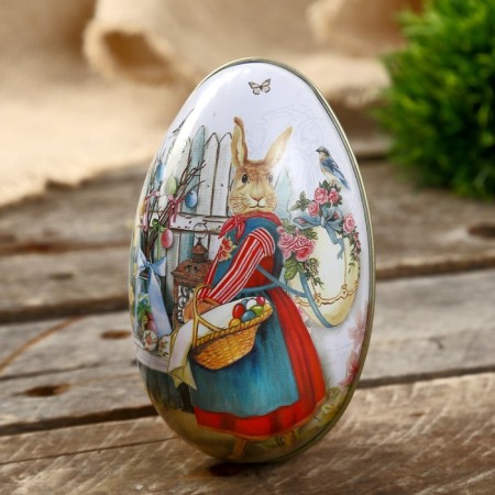 Casket Metal Egg "Bunny with a basket of painted eggs" 11x6.5x7 cm