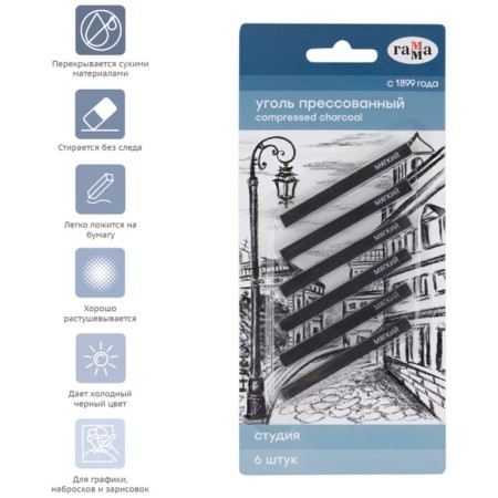 Coal pressed gamma "Studio", soft, square, 6pcs., Blister, euro suspension-2