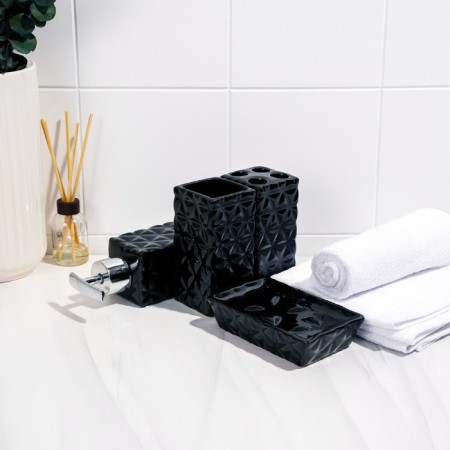 A set of accessories for the bathroom "Rombs", 4 items (meter 230 ml, soap dish, 2 glasses), black color-3